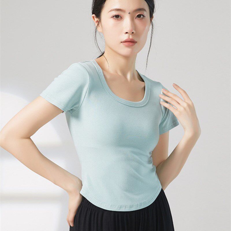 速发现代舞服新款纯欲风短款弧形U领T恤装上衣小个子古典舞蹈服