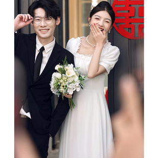 速发小个子晚礼服白色裙证登记白领式法订婚连衣裙平时可穿方领聚