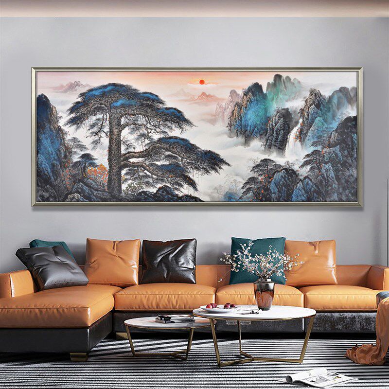 速发客厅装饰画纯手绘油画山水风景迎客松新中式沙发背景墙横版立