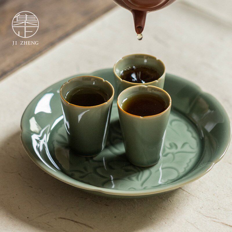速发集正 越窑青瓷茶具葵口壶承茶承 日式复古圆形壶托功夫干泡小