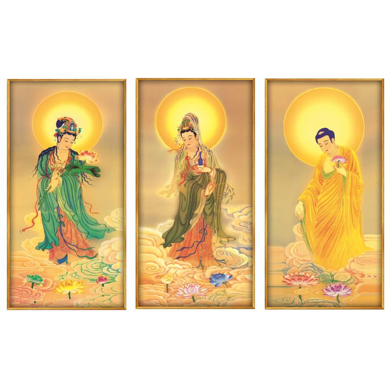 速发网红观音佛像挂画西方三圣关装饰画观世音陀大势至菩萨南无阿