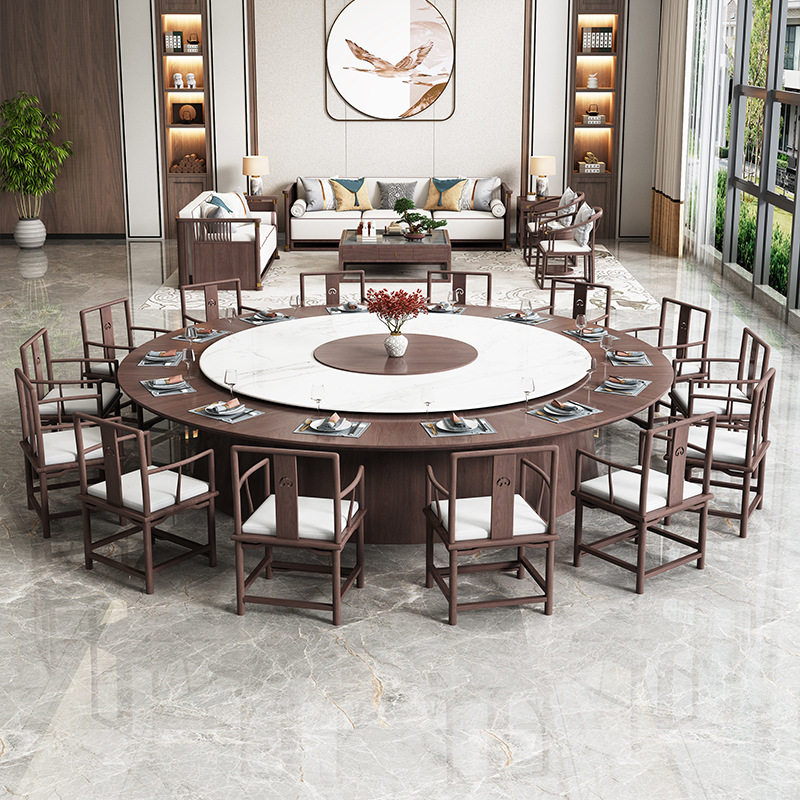 酒店电动圆桌椅饭店新中式包厢会所多人手动圆台岩板火锅桌现货