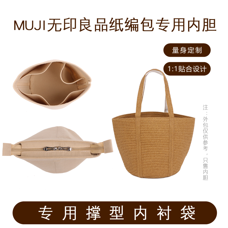 适用muji无印良品纸编包内胆包撑草编包内衬收纳整理带拉链包中包