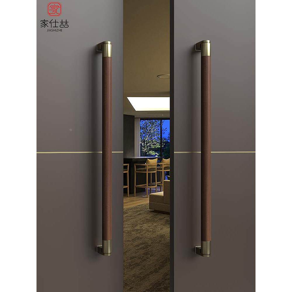 高档实木加厚不锈钢有框玻璃大门拉手酒店包厢推拉门把手黑桃木色
