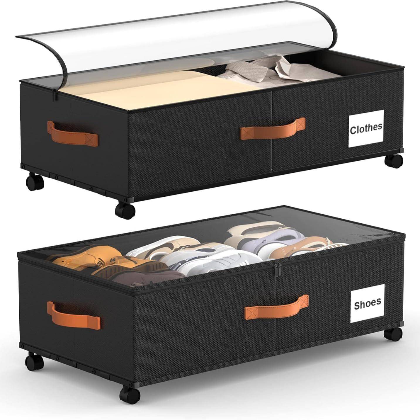 亚马逊床底防尘收纳箱鞋子衣服被套带滚轮收纳床底可移动置物架