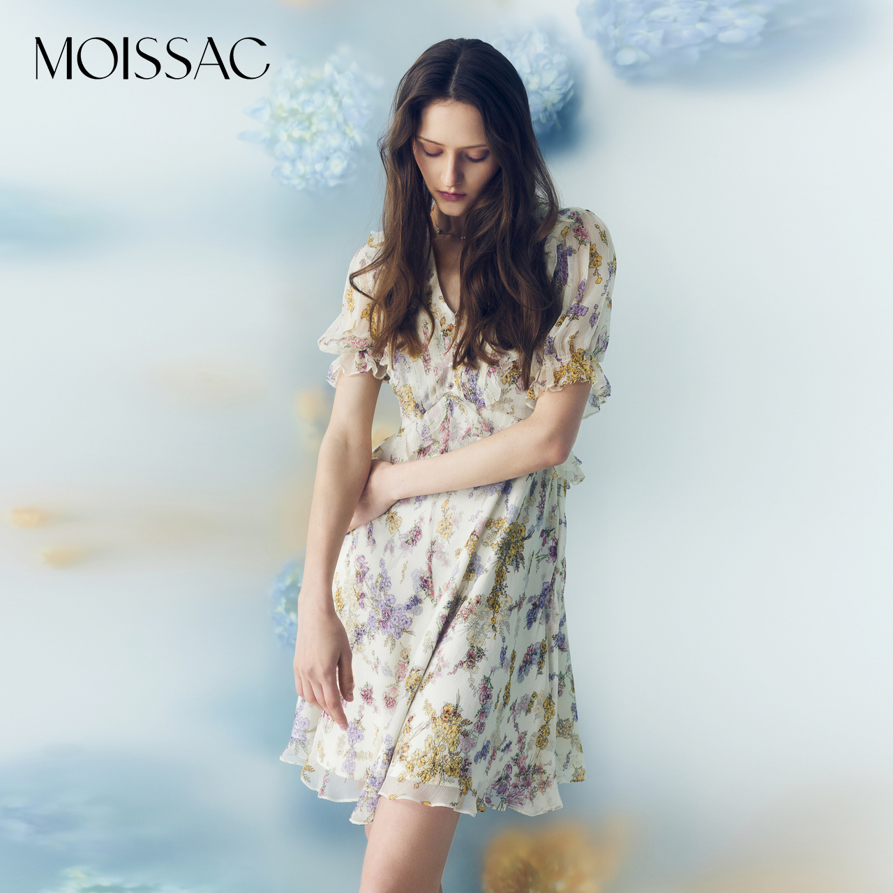 MOISSAC摩萨克奥莱2024夏季甜美碎花收腰修身连衣裙