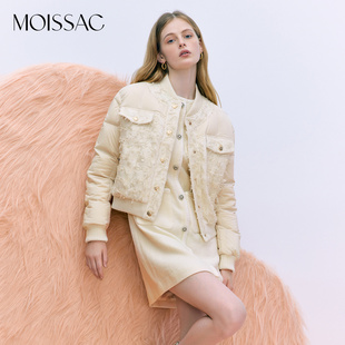MOISSAC摩萨克冬法式复古简约拼接短款小香风90白鸭绒羽绒服女