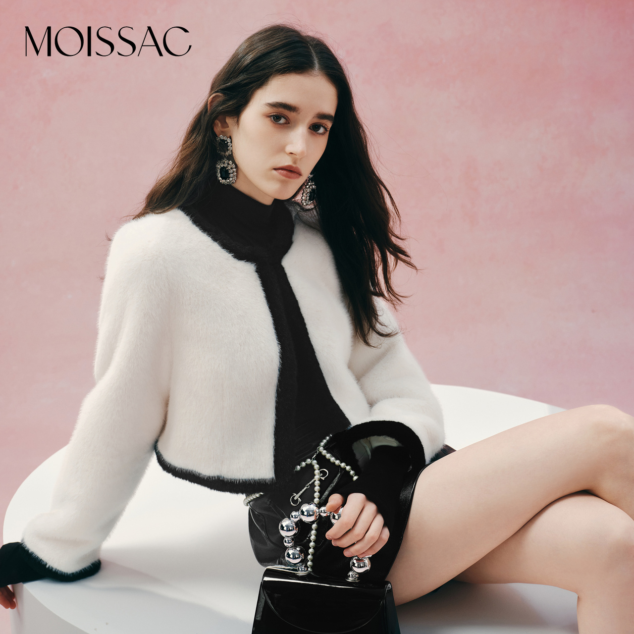 MOISSAC摩萨克奥莱年冬季法式小香风短款浪漫皮草外套上衣女