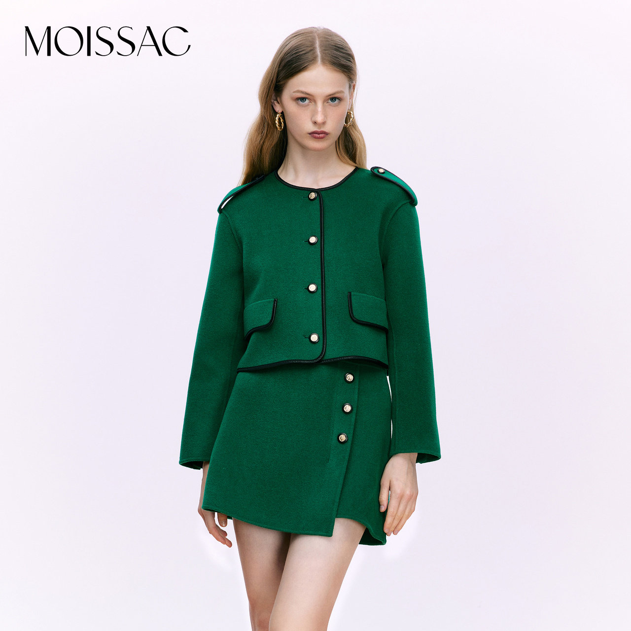 MOISSAC摩萨克秋季法式复古绵羊毛100绿色休闲短款大衣上衣女,女装/女士精品,毛呢外套,淘宝优惠券,粉丝福利购,淘宝优惠卷