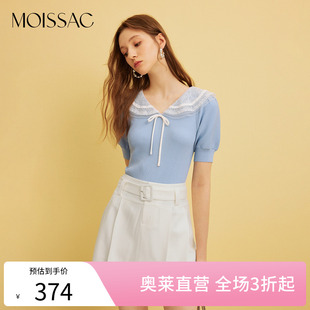 上衣女 摩萨克奥莱MOISSAC甜美温柔蕾丝荷叶边领蝴蝶系带针织短袖