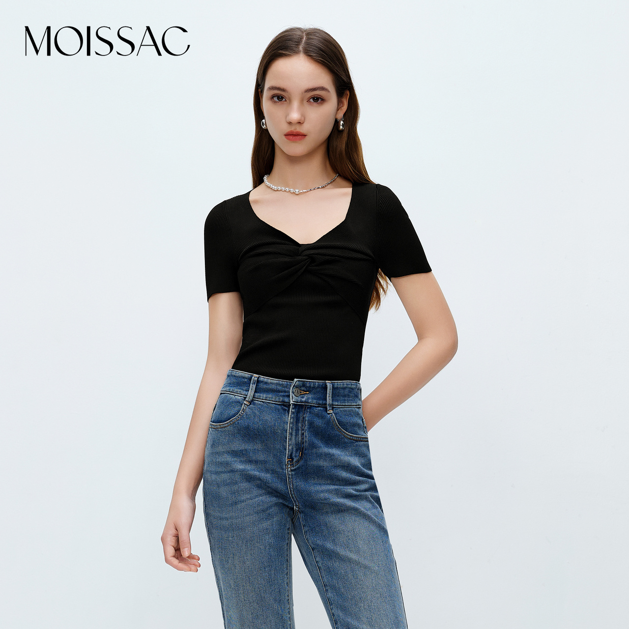 商场同款摩萨克奥莱夏季法式简约黑色V领毛针织衫套头上衣女