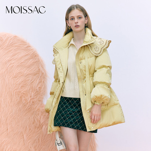 摩萨克冬法式小香风蕾丝翻领90鸭绒新款中长款黑色羽绒服女