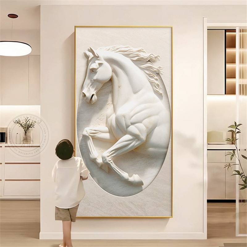 马到成功入户正对门玄关装饰画立体砂岩浮雕肌理感走廊过道挂画图片