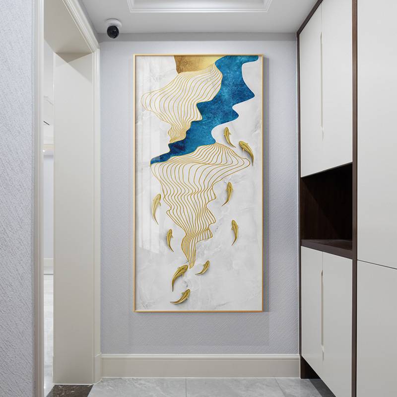 轻奢玄关装饰画九鱼图走廊过道尽头新中式玄幻酒店入户进门墙画图片