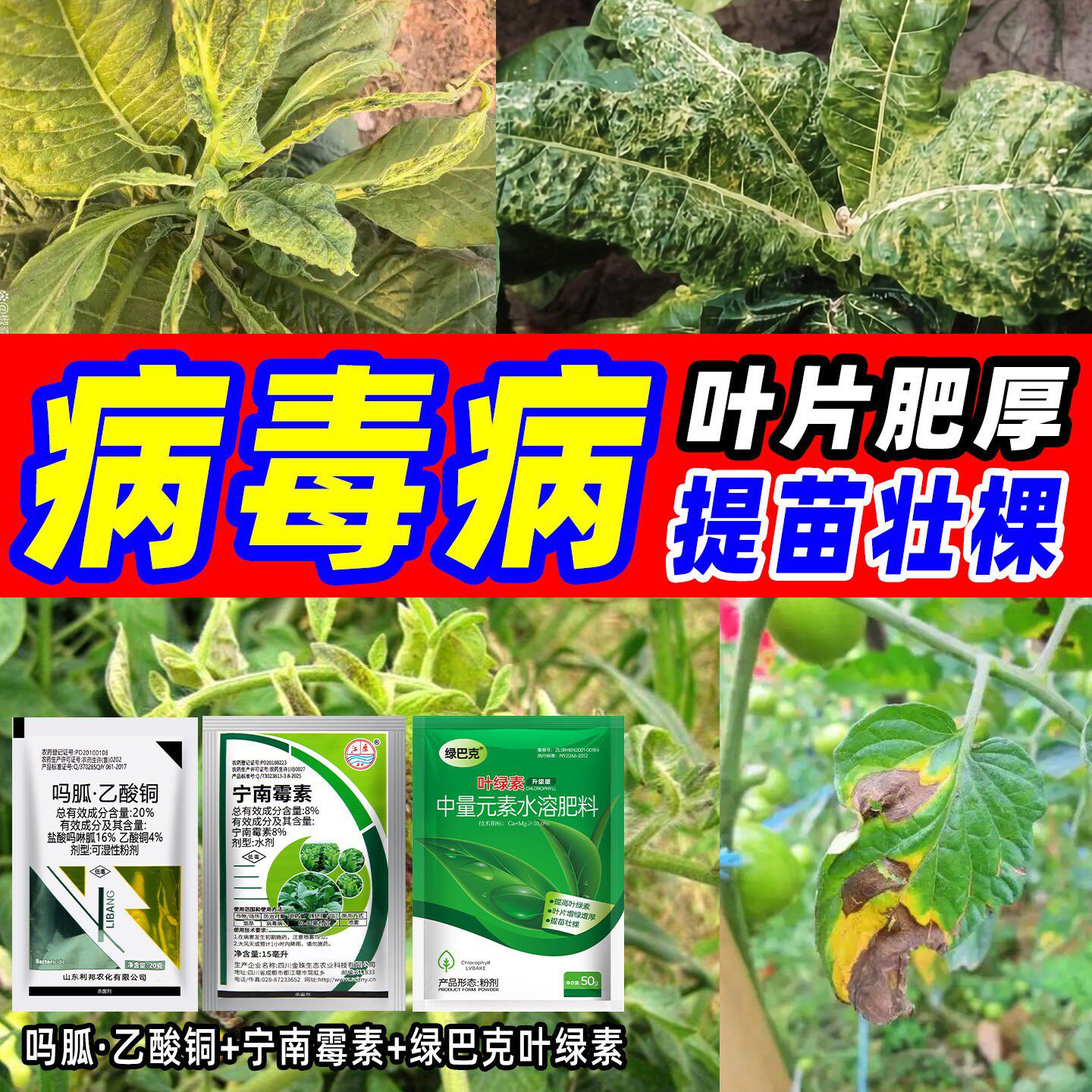 番茄辣椒病毒病专用药20%盐酸吗啉胍乙酸铜西红柿超艳杀菌剂组合