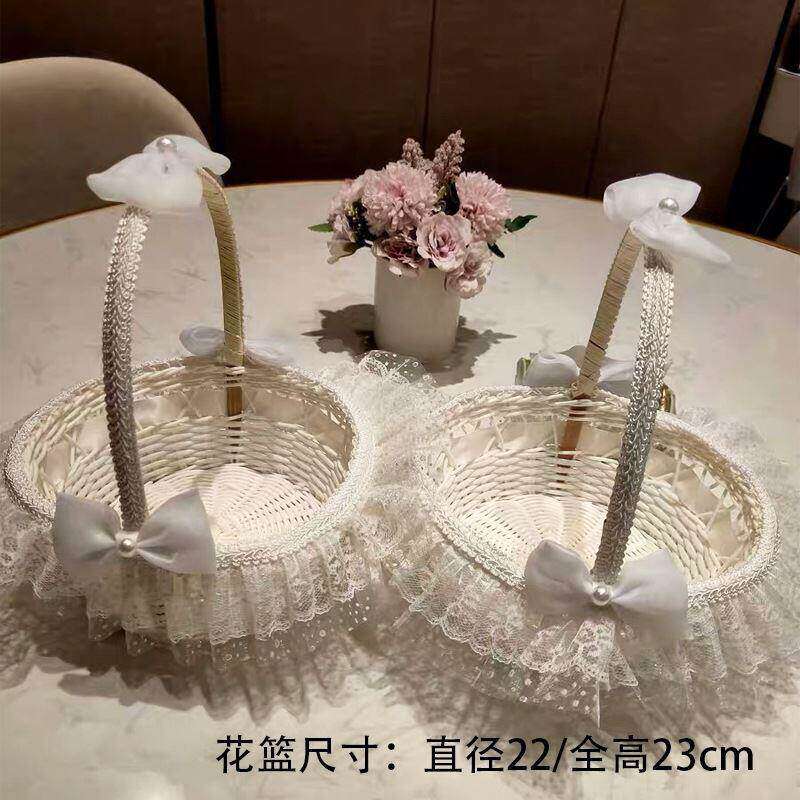 花童撒花篮结婚伴娘手提藤编篮子婚礼蝴蝶结花瓣篮子儿童跳舞花篮