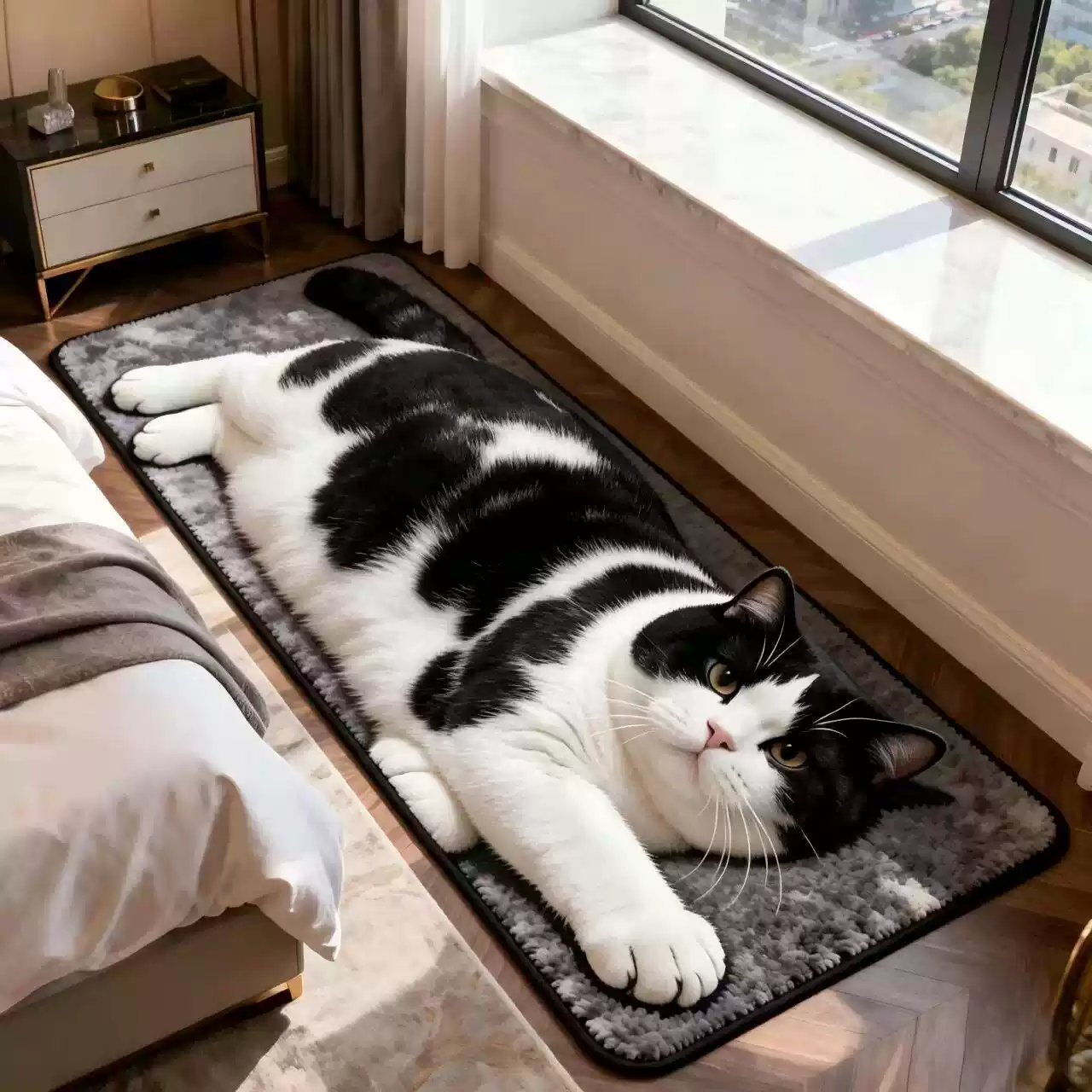 3D彷真胖猫咪长条卧室防滑脚垫