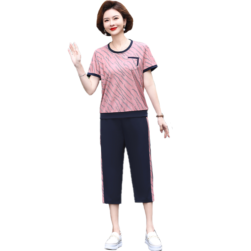 中老年妈妈冰丝短袖七分裤运动服套装女2025夏装新款中年两件套薄