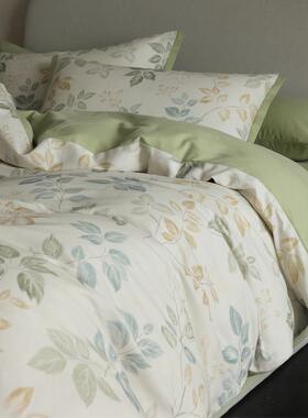 40S数码印花磨毛绿色小叶子四件套全棉被套秋冬加厚保暖1.5m1.8米