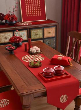 中式喜字刺绣桌旗红色茶几桌布婚房布置客厅装饰布垫结婚喜庆用品