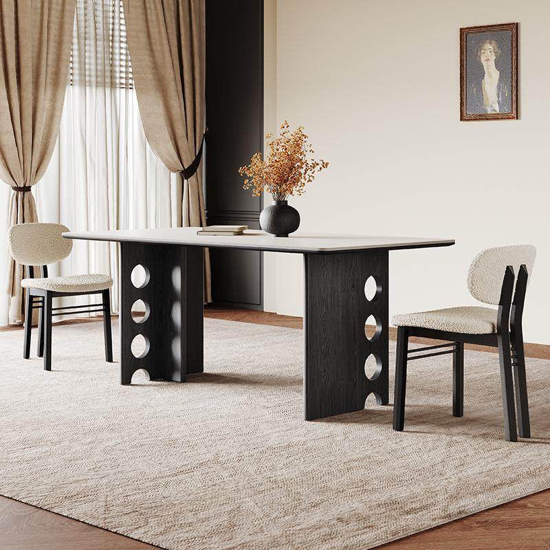 复古风岩板餐桌长方形家用高端全托饭桌2025新款法式黑色实木餐桌