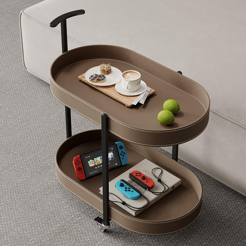 零食置物架中古风马鞍皮小推车客厅沙发边几家用移动带滚轮茶几