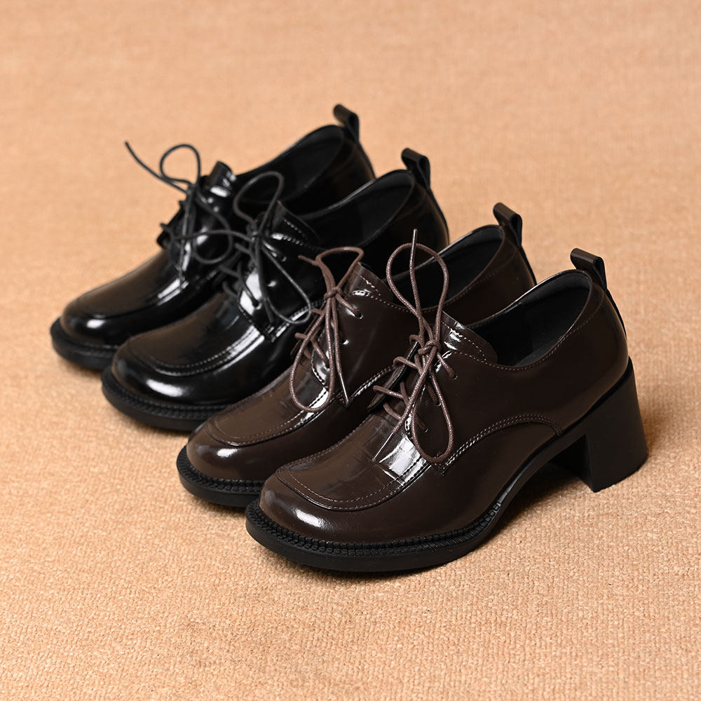 英伦风圆头中跟深口单鞋女2025春秋新款百搭系带粗跟厚底小皮鞋,女鞋,深口单鞋,淘宝优惠券,粉丝福利购,淘宝优惠卷