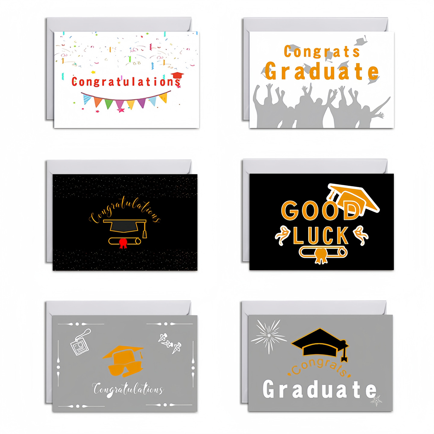 6张/套不重复学生毕业祝福贺卡明信片博士帽英文graduation创意心愿祝福同学互动卡片可书写带信封送同学朋友