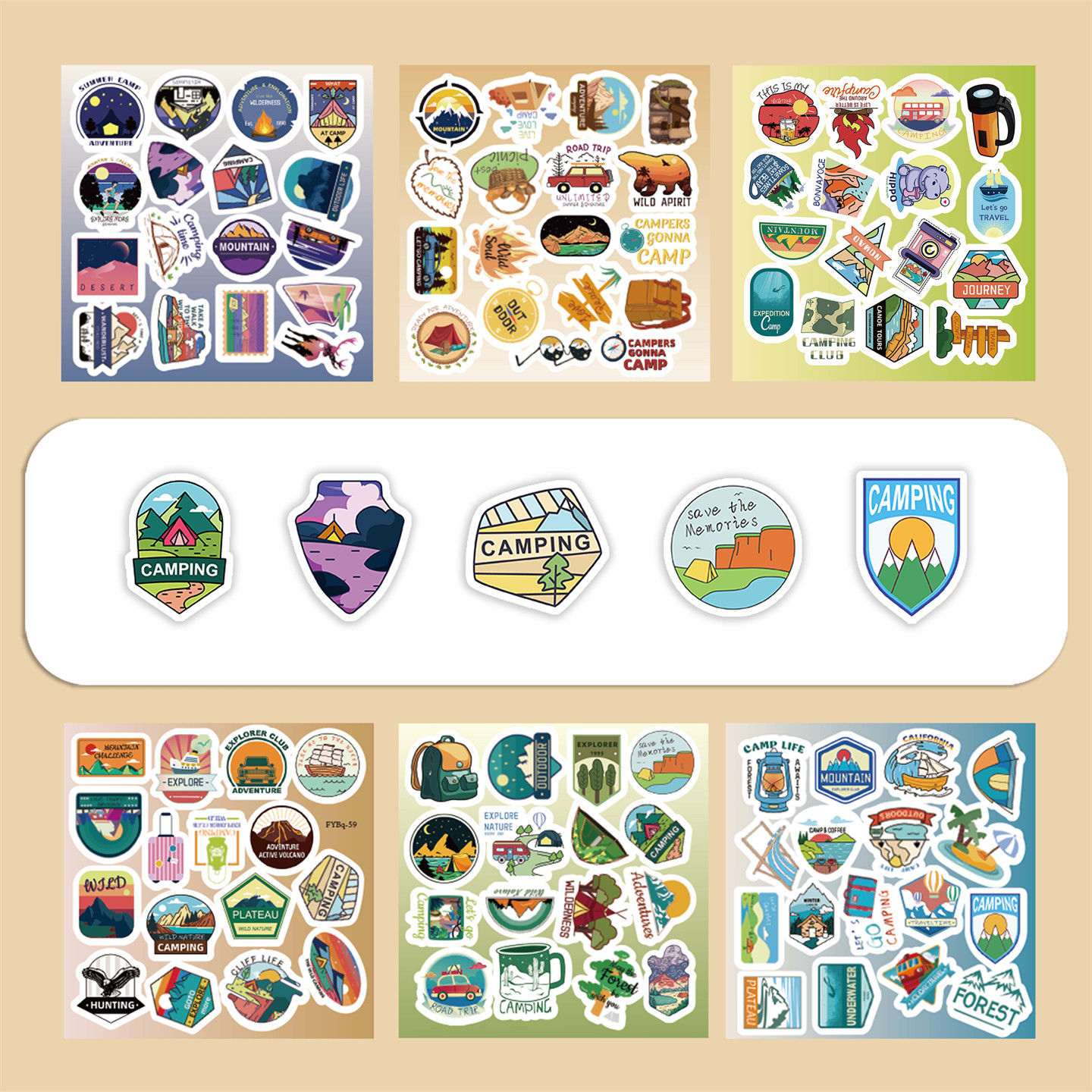 6张半切旅行露营手账日记贴纸荒野求生素材贴画装饰手机壳笔记本旅行箱保温杯平板吉他汽车DIY防水贴画不留胶