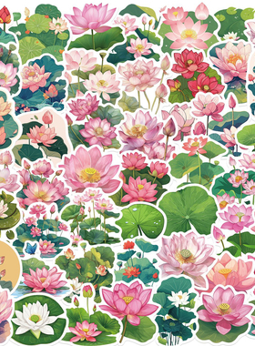 50张国风荷花清新淡雅粉色莲花绿色荷叶贴纸装饰笔记本头盔行李箱水杯电动车尾箱手机壳柜子DIY益智创意贴画
