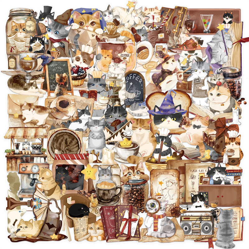 50张透明卡通魔法猫咖装饰防水贴