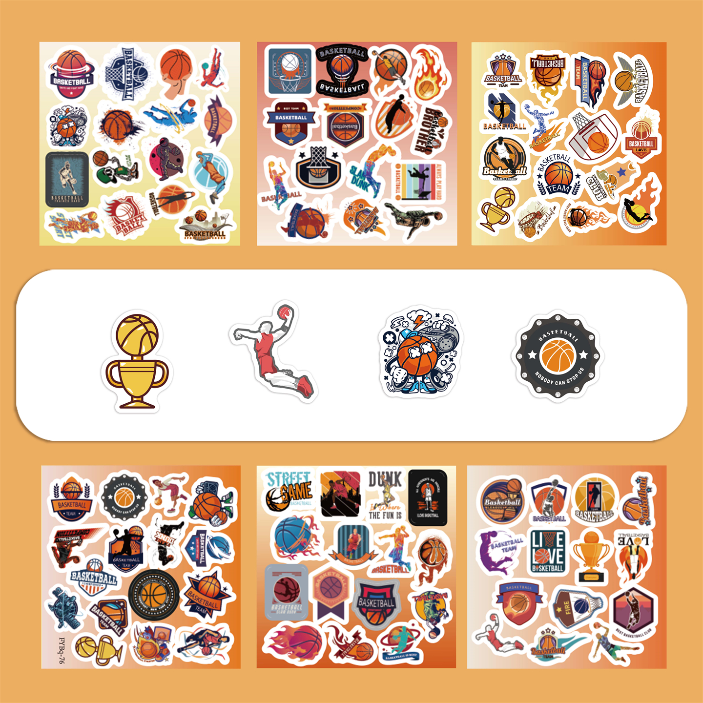 6张半切卡通火焰篮球标志贴纸