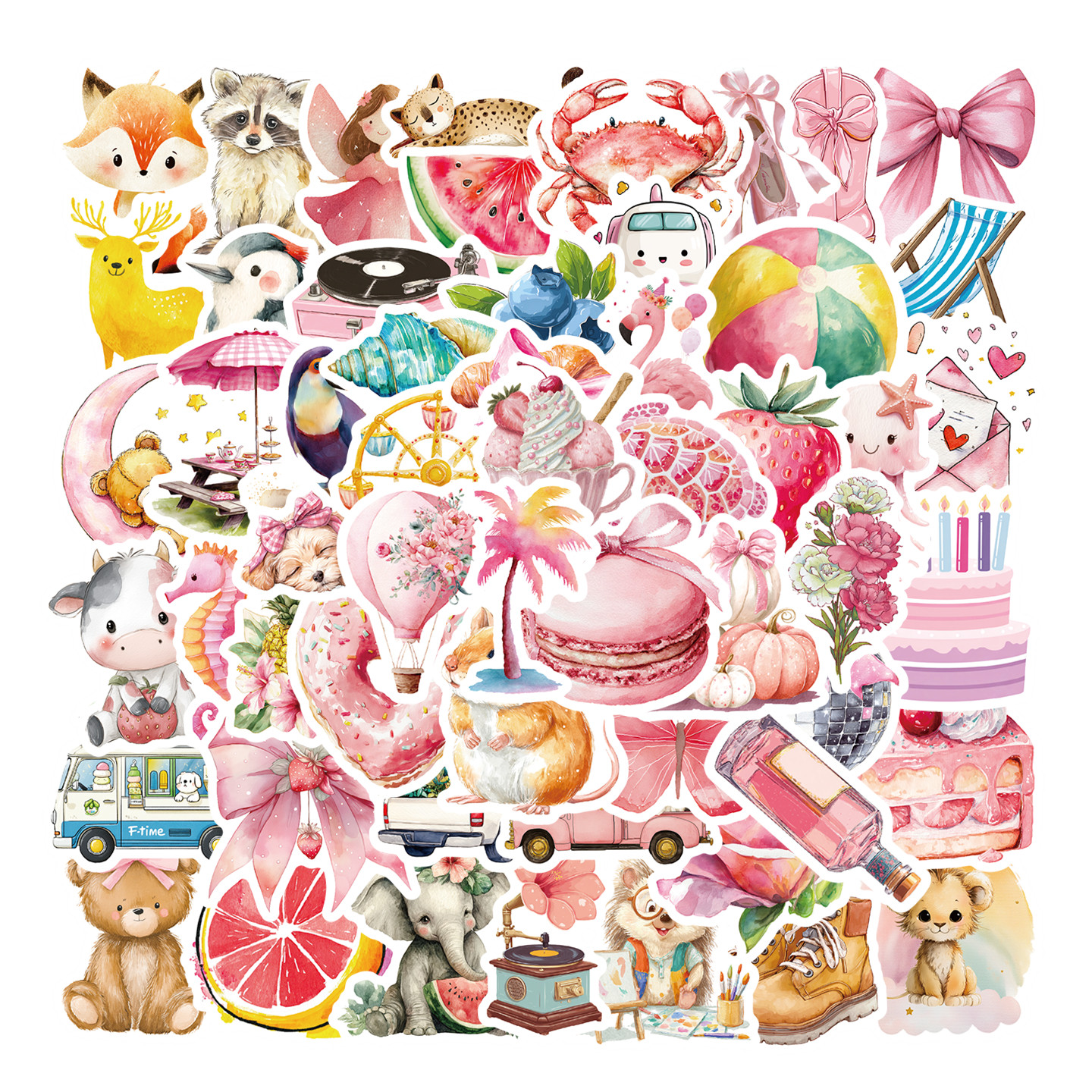 56张粉色甜美ins风贴纸卡通火烈鸟动物水果美食混搭物件贴画DIY水杯橱窗行李箱手机平板笔筒尾箱头盔装饰贴纸