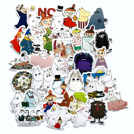 40张可爱萌趣河马姆明创意益智DIY素材贴纸装饰笔记本头盔手账水杯自行车滑板平板电脑文具柜门玻璃DIY防水贴