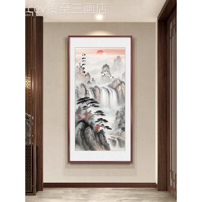 网红新壁入户门中玄关装饰画迎客松挂画式走廊过道画山水画竖大版