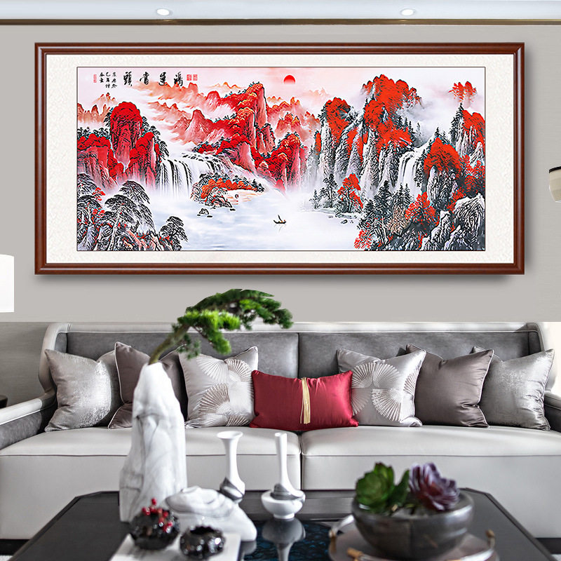 中式鸿运当头国画山水画办公室挂画沙发背景墙横幅客厅装饰画字画
