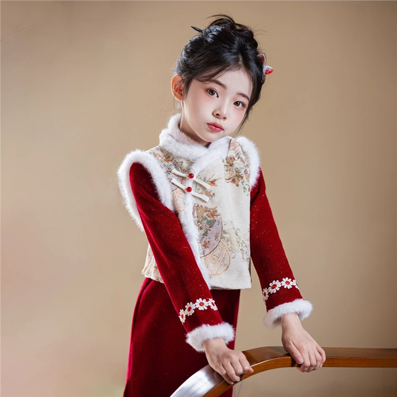 红色女童新年旗袍秋冬季加绒拜年汉服