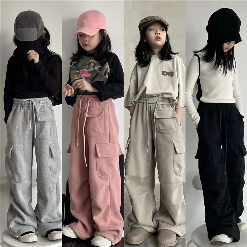 2023秋冬新款童装男女儿童宽松加绒工装裤束口裤子休闲裤针织长裤