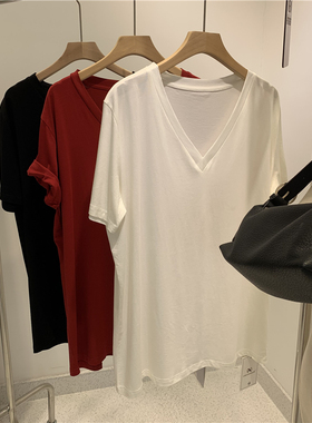 白色t恤女2020夏季净版基础百搭宽松复古酒红显白显瘦v领上衣薄