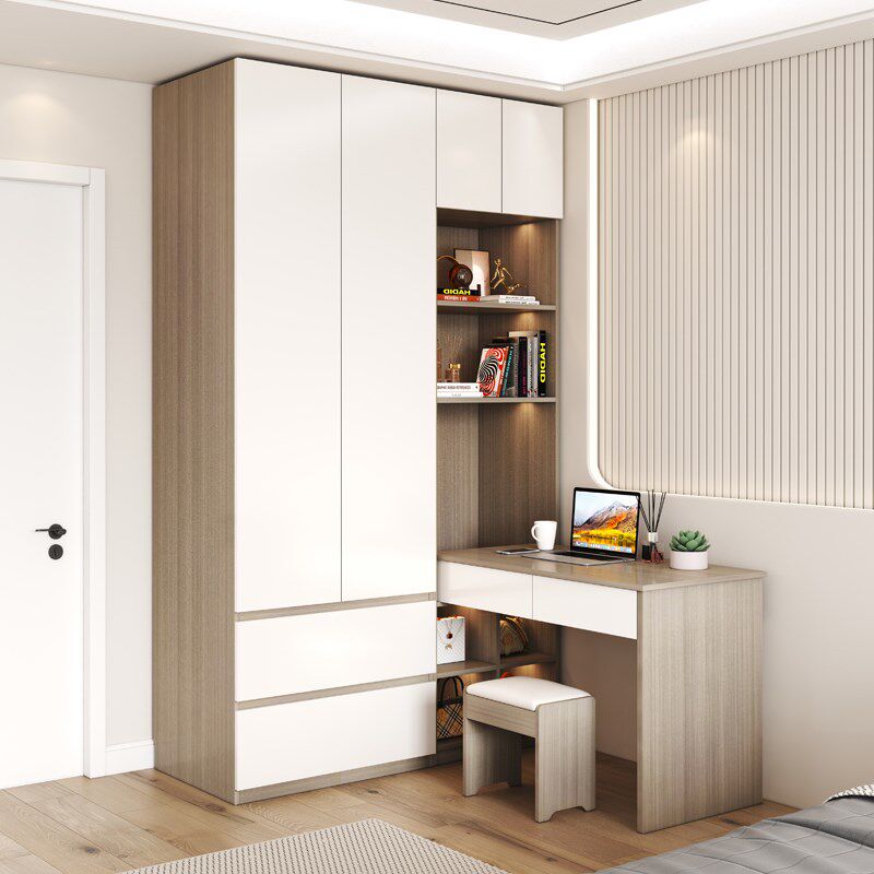 北欧卧室家用实木多层板大衣柜书桌一体组合L型生态板连体电脑桌