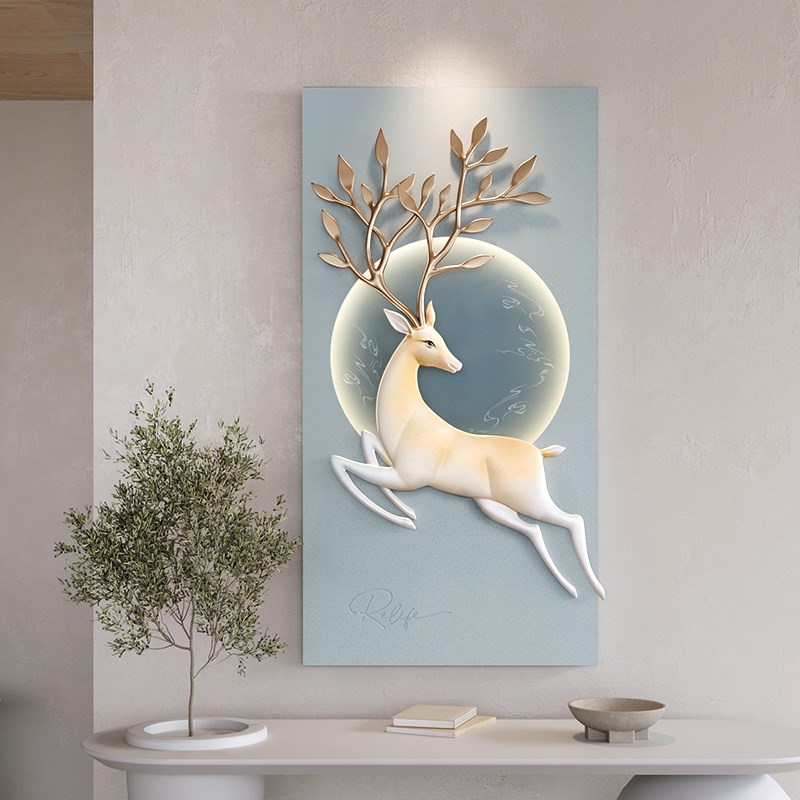 新中式正对门灯光玄关画入户客厅走廊浮雕简约创意福鹿装饰画图片