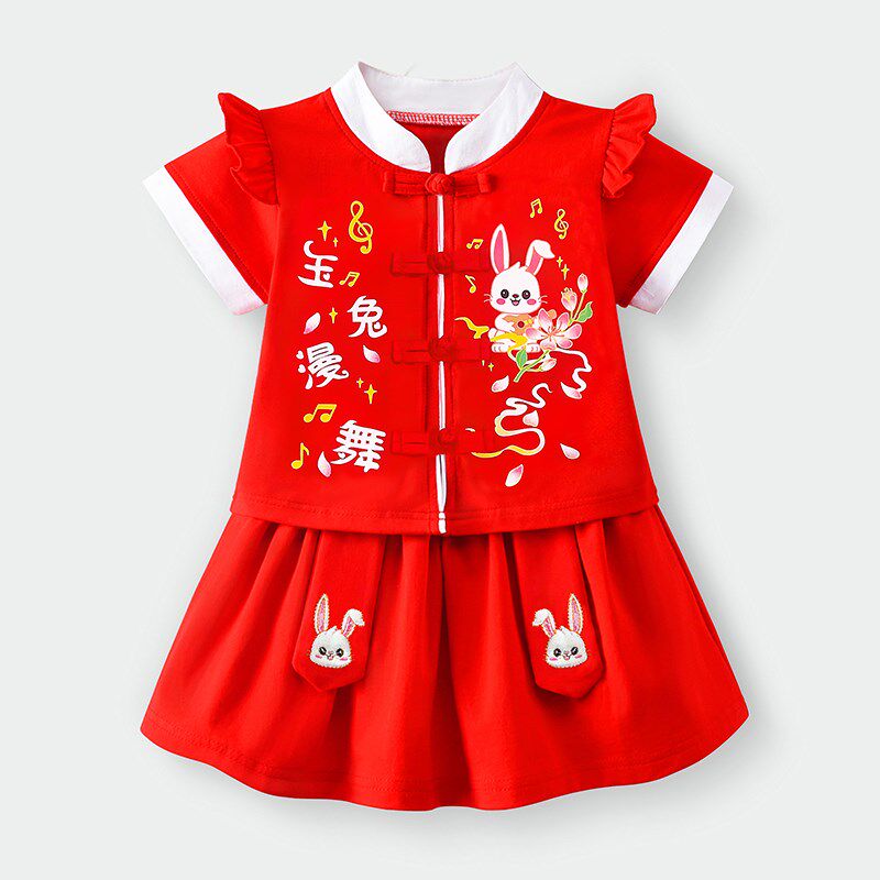 一周岁生日宴女宝宝秋夏季红色衣服女孩唐装抓周礼服兔宝套装女童
