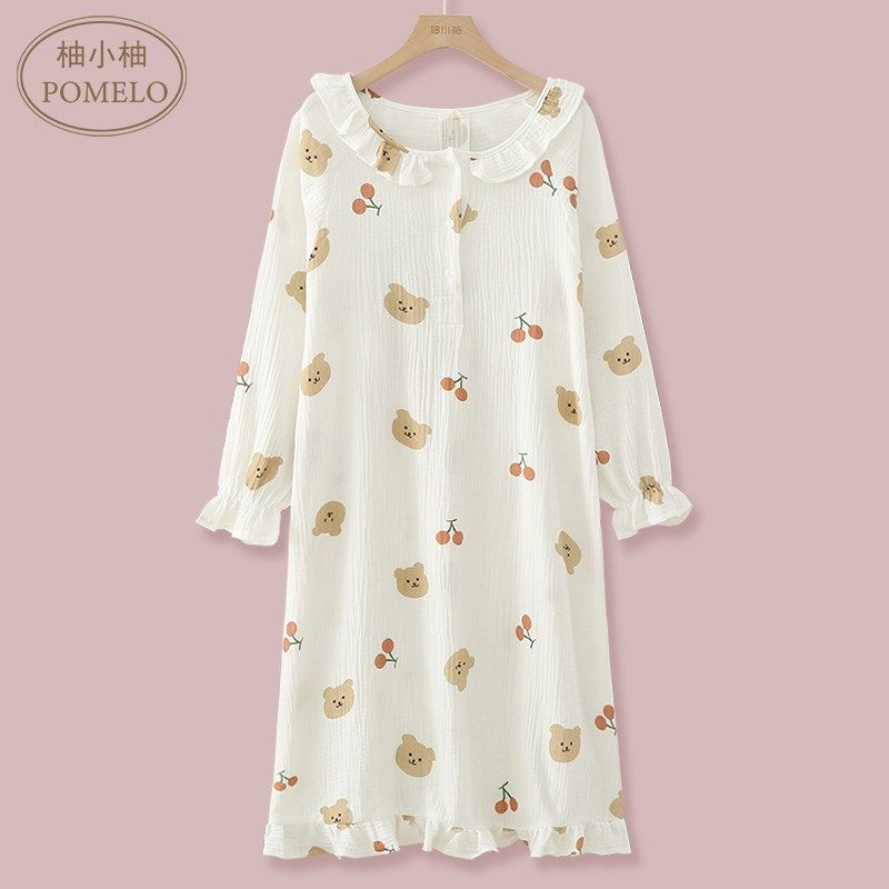 春夏秋薄纯棉泡泡棉纱布长袖可爱卡通荷叶边圆领宽松长裙睡裙睡袍