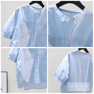 前短后长上衣潮 宽松棉布衬衣2024秋季 小清新浅蓝色衬衫 女圆领短袖