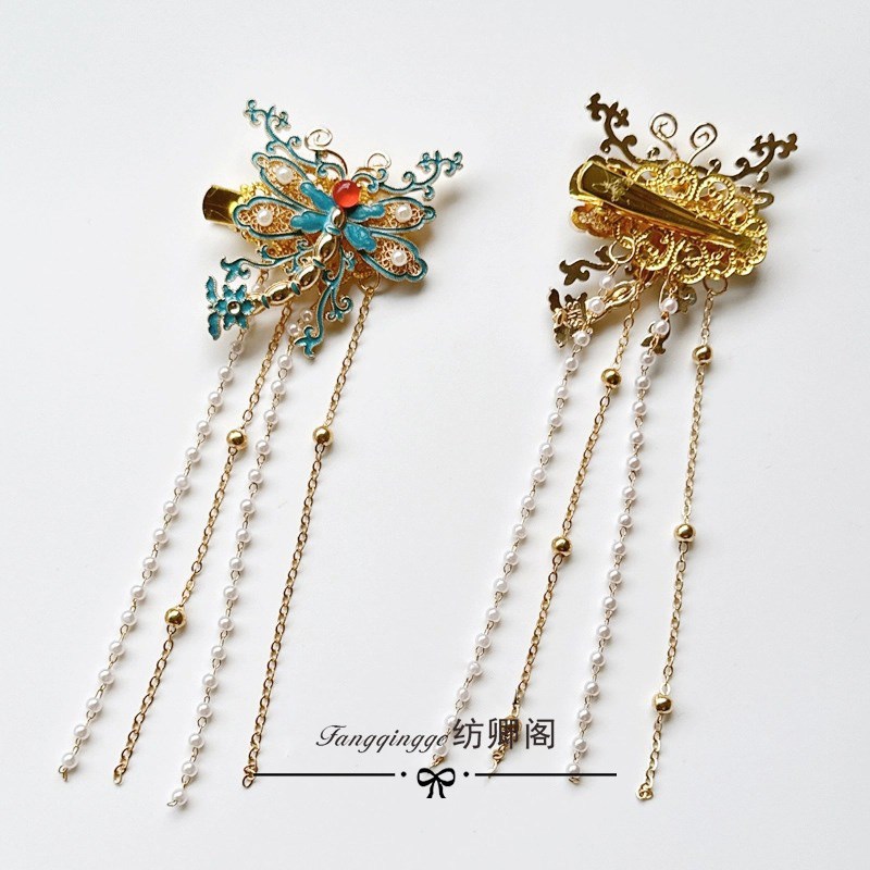 汉服儿童头饰景泰蓝古风边夹流苏步摇蜻蜓烧蓝发夹发饰古装配饰品