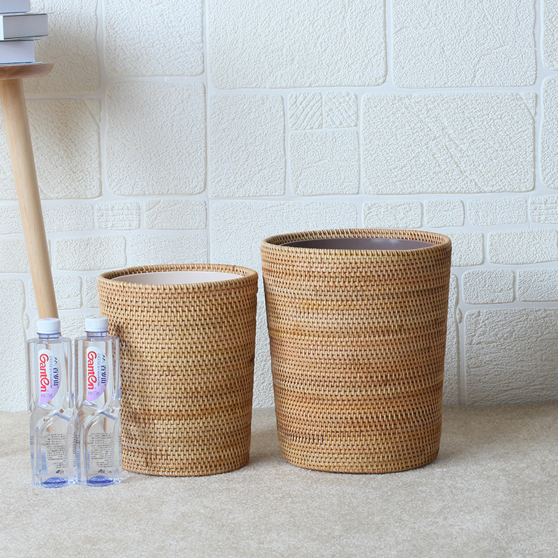 藤编收纳筒垃圾桶收纳筐圆筒内胆桌面废纸桶轻奢北欧日式家用无盖,家庭/个人清洁工具,垃圾桶,淘宝优惠券,粉丝福利购,淘宝优惠卷