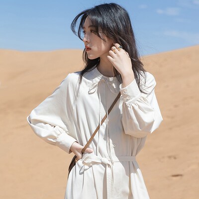 春秋气质白色连衣裙女法式温柔风长袖系带收腰显瘦衬衫裙长款裙子