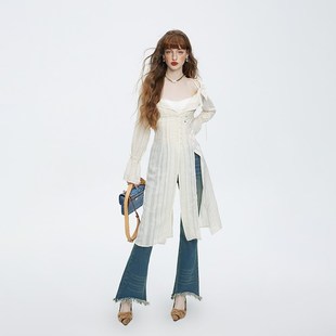 vvok吊带连衣裙女一字肩绑带设计收腰开叉长袖衬衫雪纺长裙高级感