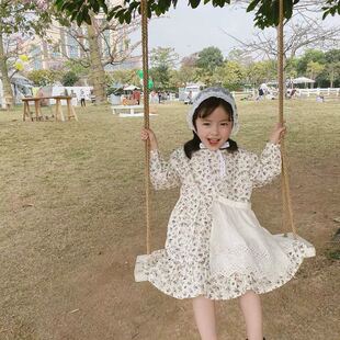 2021春季新品韩国童装女童全棉碎花连衣裙森女蕾丝围裙长袖连衣裙
