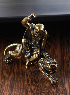 纯实心铜雕伏虎罗汉小摆件仿古铜艺微雕罗汉铜佛像古玩小铜器铜把